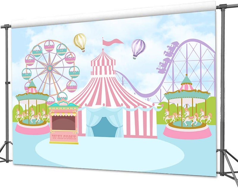 Sensfun Pink Circus Tent Birthday Backdrop Pastel Blue Carnival Carousel Photography Background Hot Air Balloon Princess Girl Newborn Baby Shower Decorations Photo Booth Banner 7x5ft - Image 4